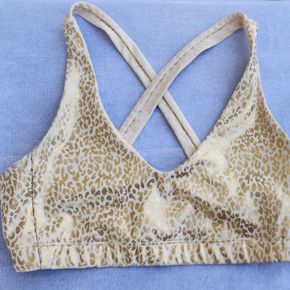 XS Carbon38 Leopard Gold Cross-Back Athletic Exercise Sports Bra Carbon 38